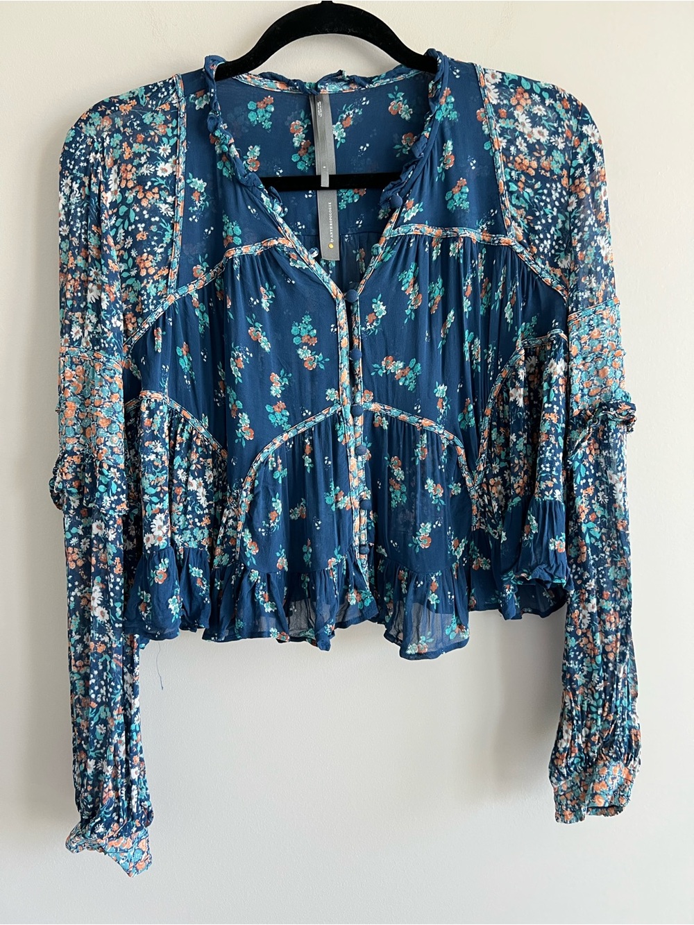 By Anthropologie teal mixed floral print sheer cropped babydoll top size small - Picture 3 of 9